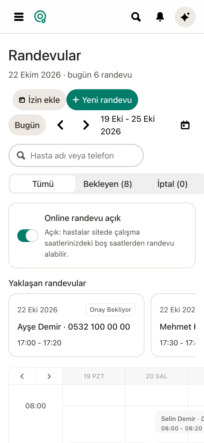 Sağlıkara Pro randevu takvimi: haftalık görünüm ve yaklaşan randevular