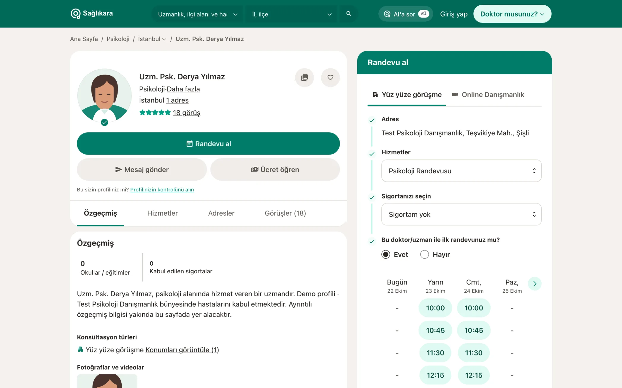 Sağlıkara profil sayfası örneği: online randevu takvimi ve hizmetler
